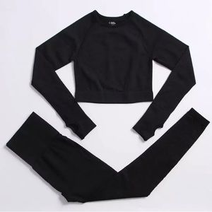 New seamless black long sleeve gym yoga workout high waist top legging pant set
